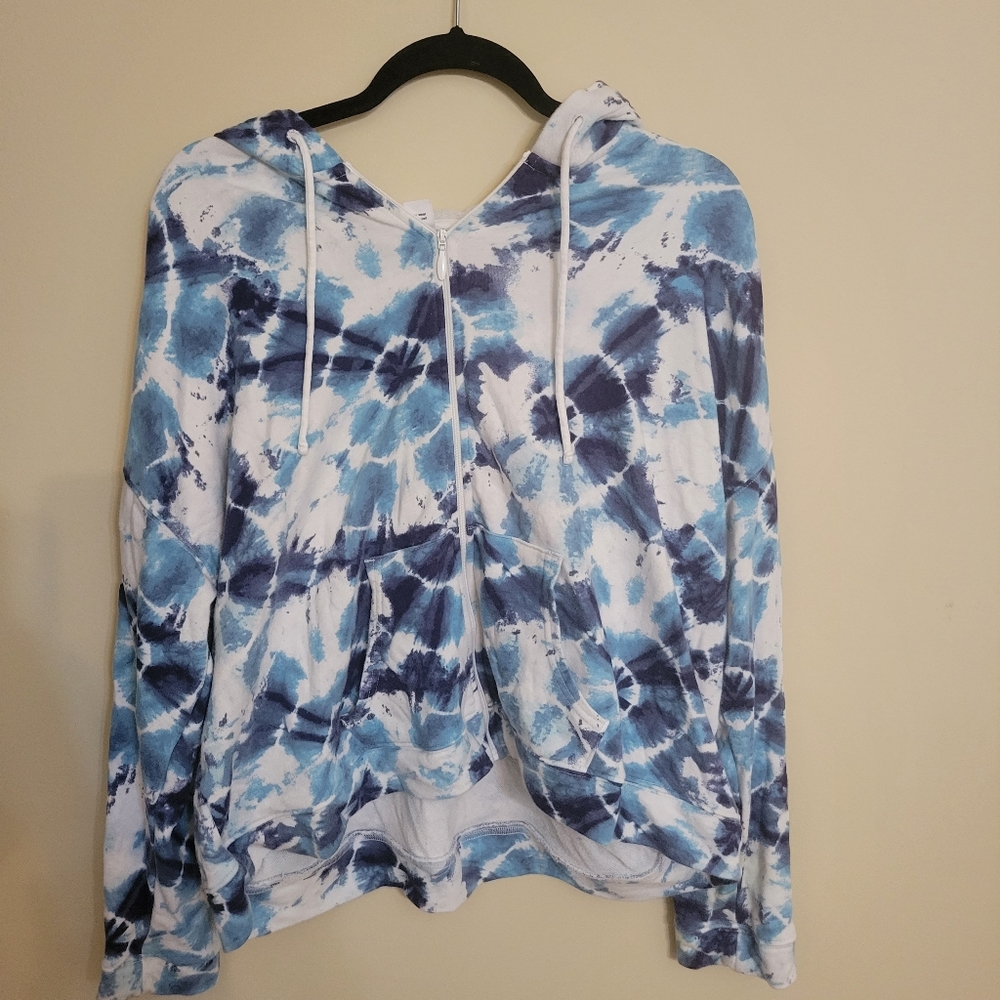 Old Navy Blue & White Zip-Front Tie Dye Cropped Hoodie Sweatshirt 1x Plus